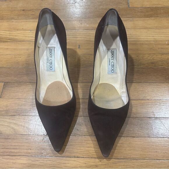 Jimmy Choo Suede Leather Romy 60MM Chocolate Brown Kitten Heel Pointed Toe Pumps - Picture 8 of 16
